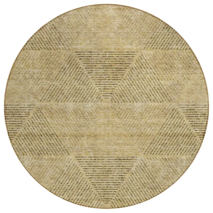 8' Wheat And Beige Round Geometric Washable Indoor Outdoor Area Rug