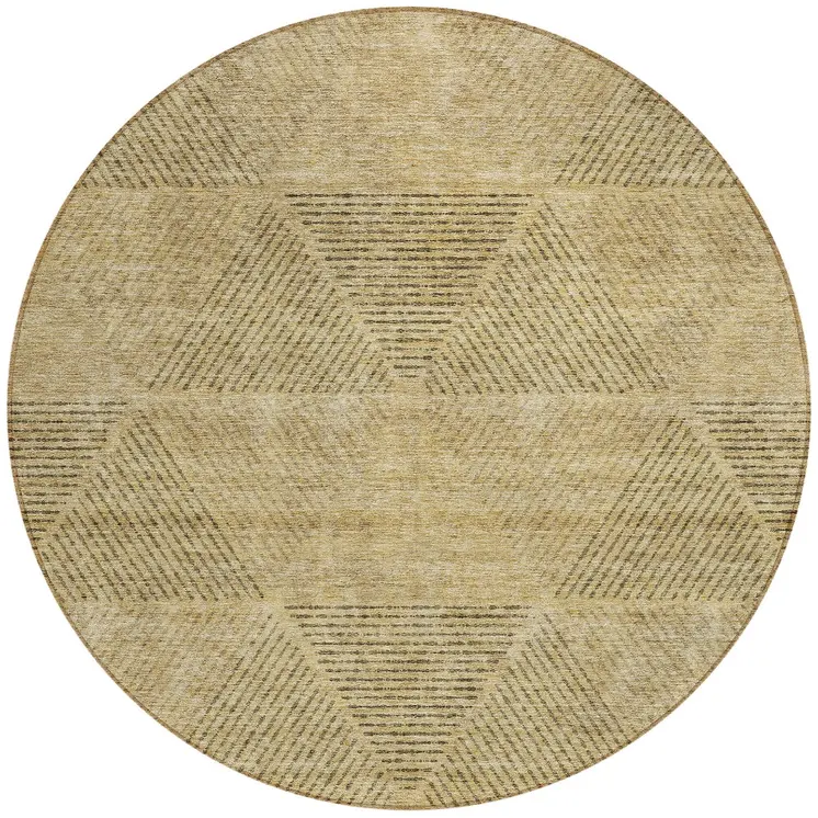 8' Wheat And Beige Round Geometric Washable Indoor Outdoor Area Rug