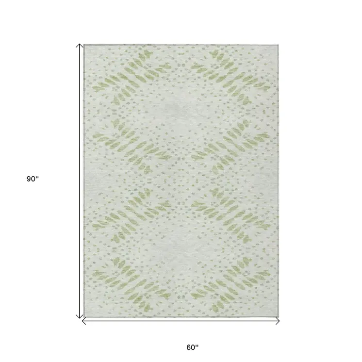 5' X 8' Artichoke Green And Fern Green Floral Washable Indoor Outdoor Area Rug