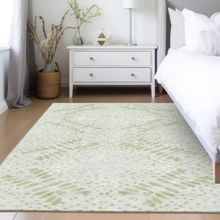 5' X 8' Artichoke Green And Fern Green Floral Washable Indoor Outdoor Area Rug
