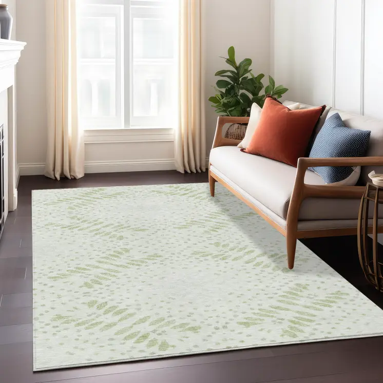 5' X 8' Artichoke Green And Fern Green Floral Washable Indoor Outdoor Area Rug