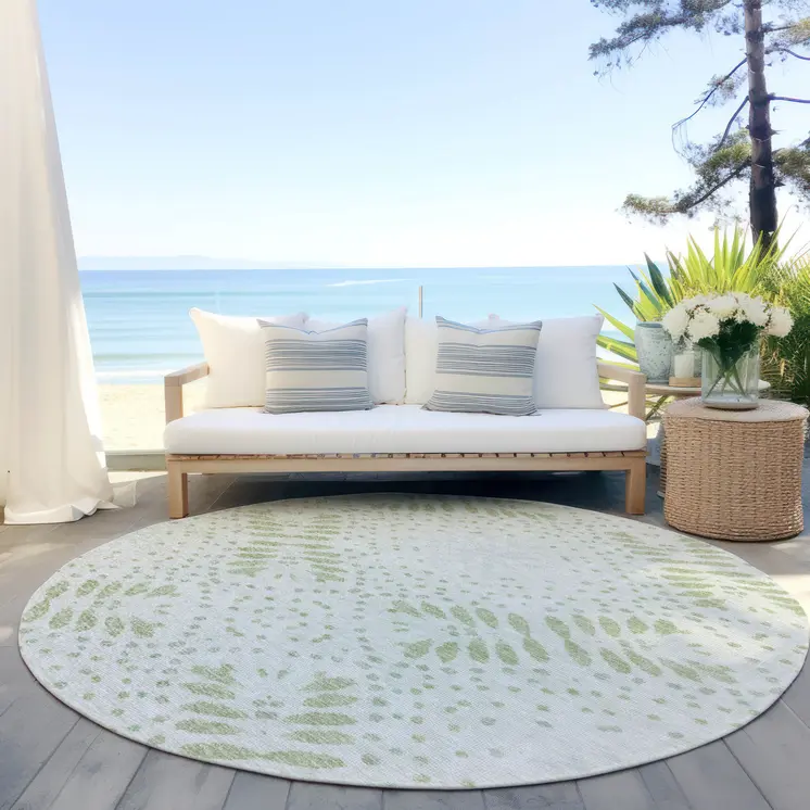 8' Artichoke Green And Fern Green Round Floral Washable Indoor Outdoor Area Rug