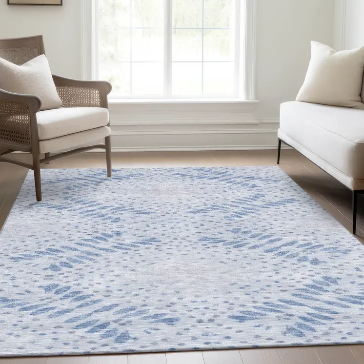 5' X 8' Denim Blue And Sky Blue Floral Washable Indoor Outdoor Area Rug