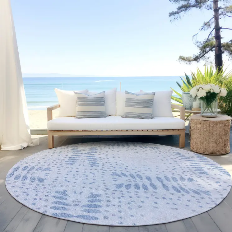 8' Denim Blue And Sky Blue Round Floral Washable Indoor Outdoor Area Rug