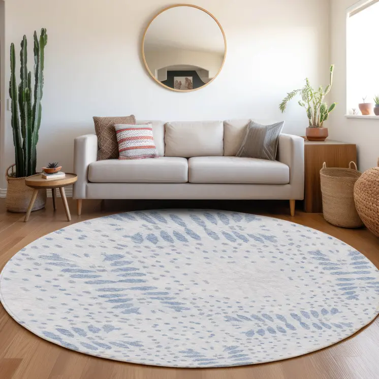 8' Denim Blue And Sky Blue Round Floral Washable Indoor Outdoor Area Rug