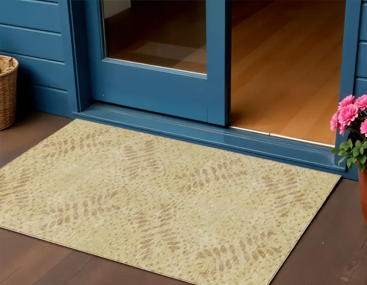 3' X 5' Gold Beige And Taupe Floral Washable Indoor Outdoor Area Rug