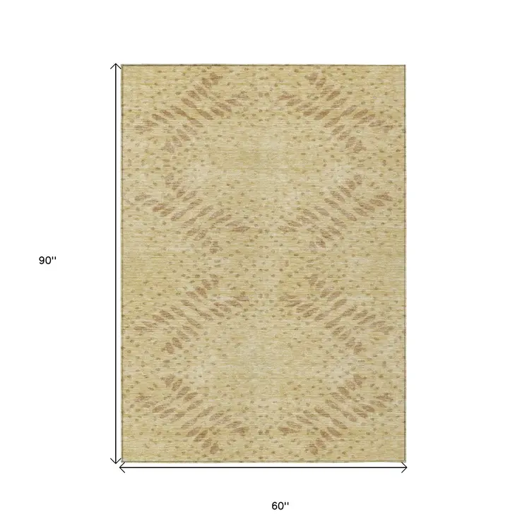 5' X 8' Gold Beige And Taupe Floral Washable Indoor Outdoor Area Rug