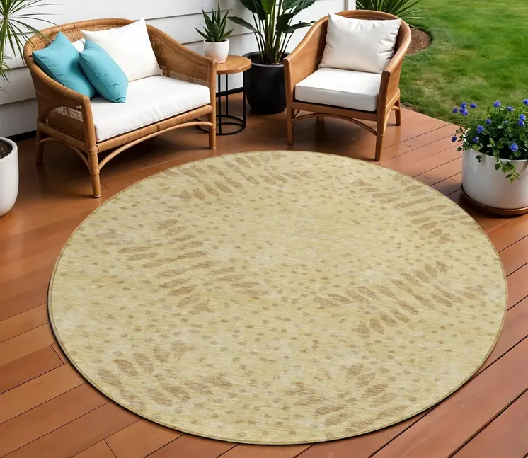 8' Gold Beige And Taupe Round Floral Washable Indoor Outdoor Area Rug