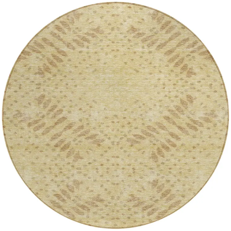 8' Gold Beige And Taupe Round Floral Washable Indoor Outdoor Area Rug