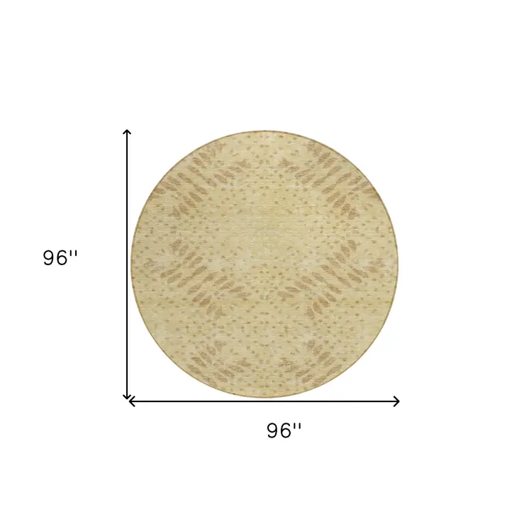 8' Gold Beige And Taupe Round Floral Washable Indoor Outdoor Area Rug