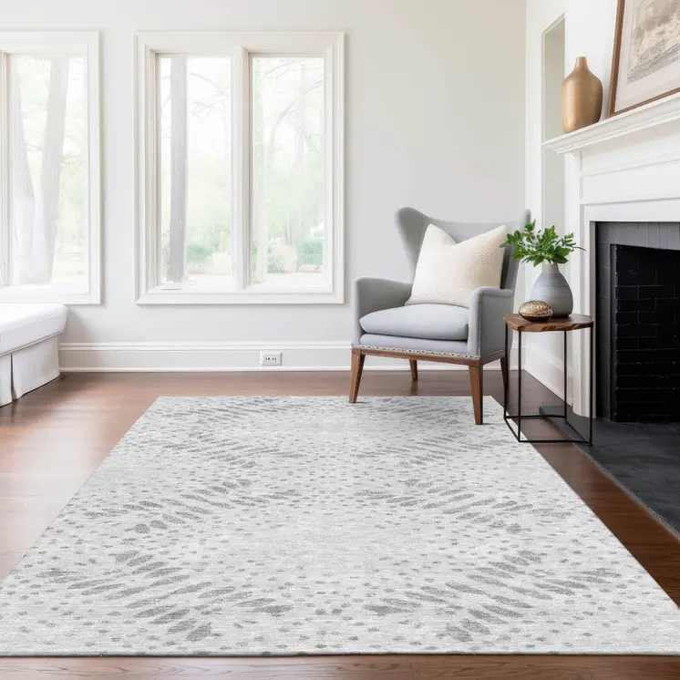 3' X 5' Gray And Silver Floral Washable Indoor Outdoor Area Rug