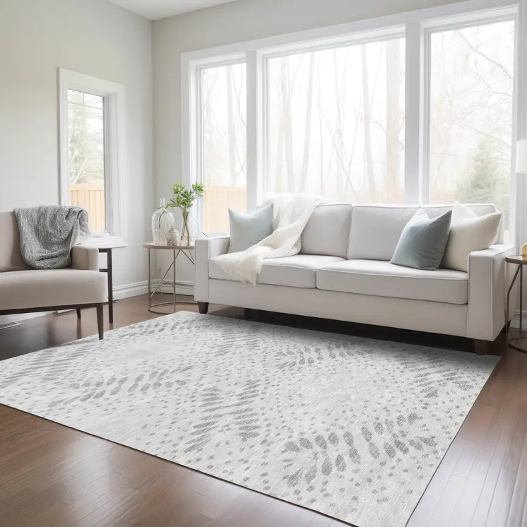 3' X 5' Gray And Silver Floral Washable Indoor Outdoor Area Rug