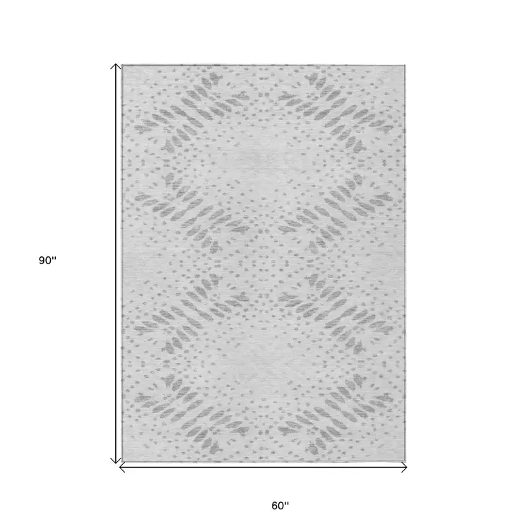5' X 8' Gray And Silver Floral Washable Indoor Outdoor Area Rug