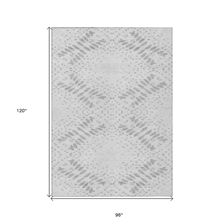 8' X 10' Gray And Silver Floral Washable Indoor Outdoor Area Rug