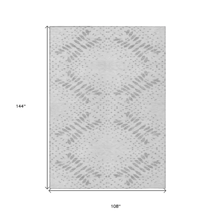 9' X 12' Gray And Silver Floral Washable Indoor Outdoor Area Rug