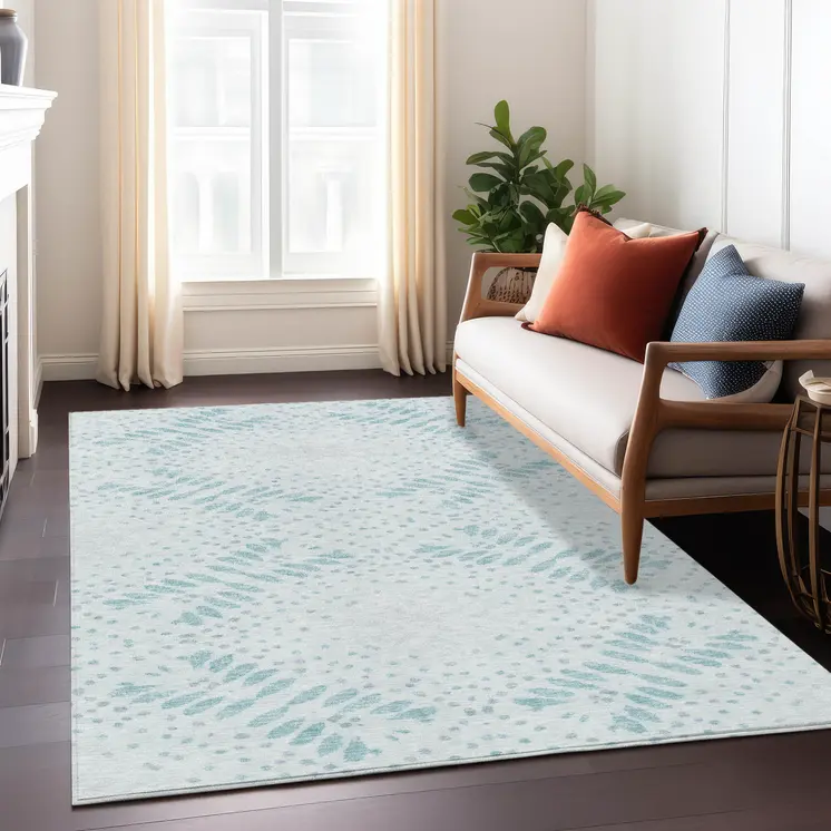3' X 5' Teal Blue And Aqua Floral Washable Indoor Outdoor Area Rug