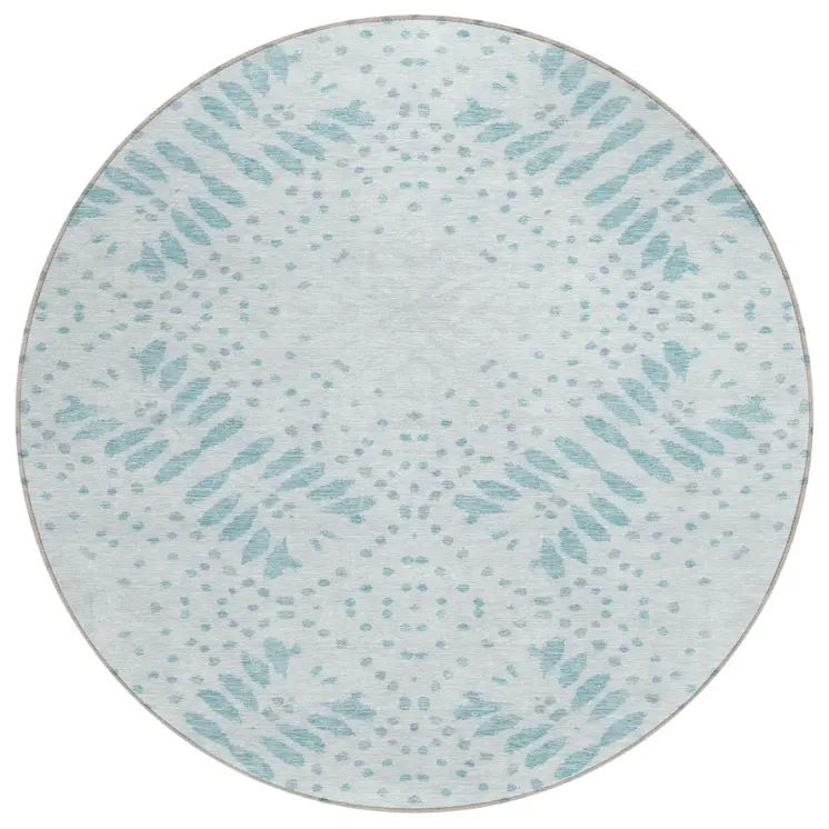8' Teal Blue And Aqua Round Floral Washable Indoor Outdoor Area Rug