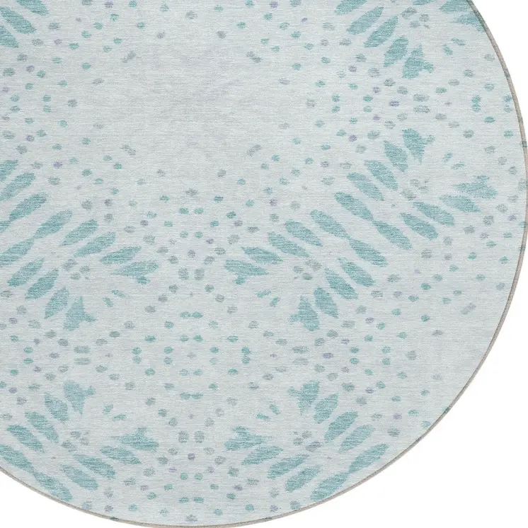 8' Teal Blue And Aqua Round Floral Washable Indoor Outdoor Area Rug