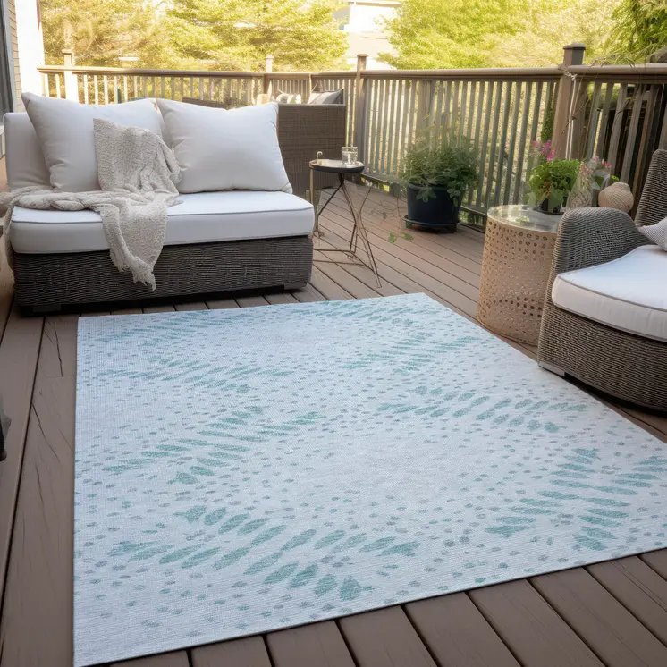 8' X 10' Teal Blue And Aqua Floral Washable Indoor Outdoor Area Rug