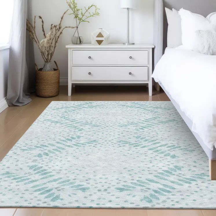 8' X 10' Teal Blue And Aqua Floral Washable Indoor Outdoor Area Rug