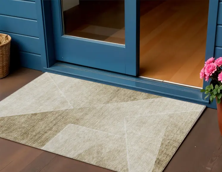 3' X 5' Beige Tan And Ivory Abstract Washable Indoor Outdoor Area Rug