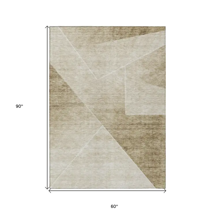 5' X 8' Beige Tan And Ivory Abstract Washable Indoor Outdoor Area Rug