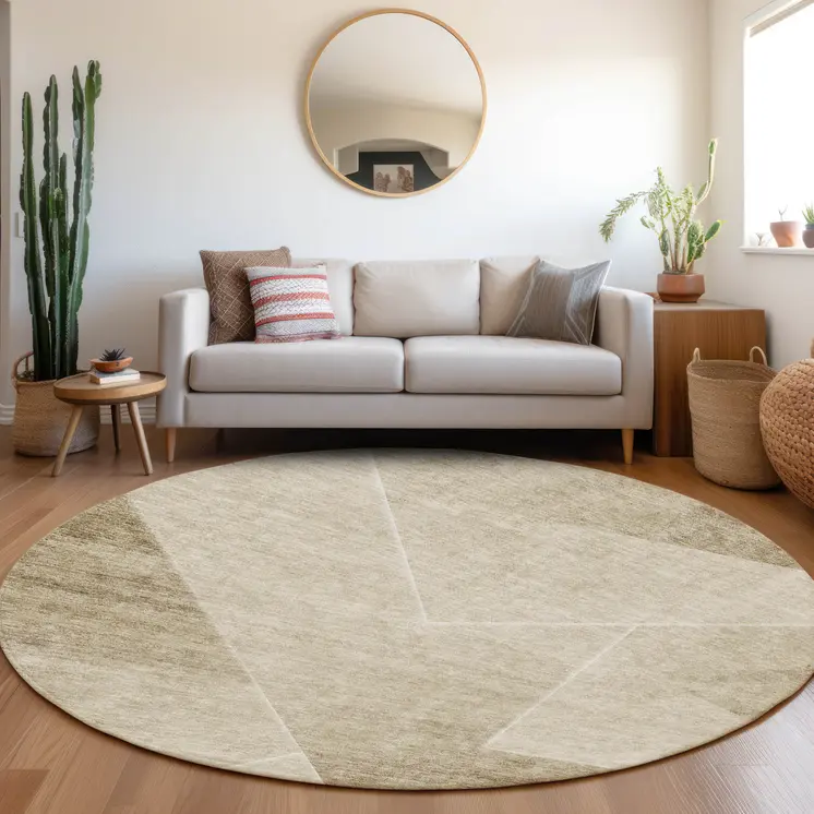 8' Beige Tan And Ivory Round Abstract Washable Indoor Outdoor Area Rug