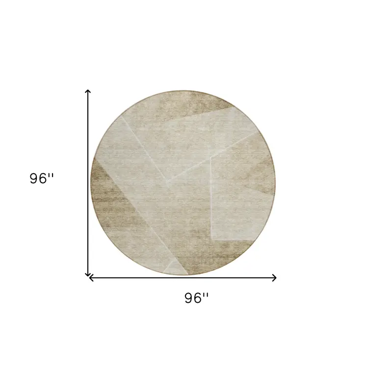 8' Beige Tan And Ivory Round Abstract Washable Indoor Outdoor Area Rug