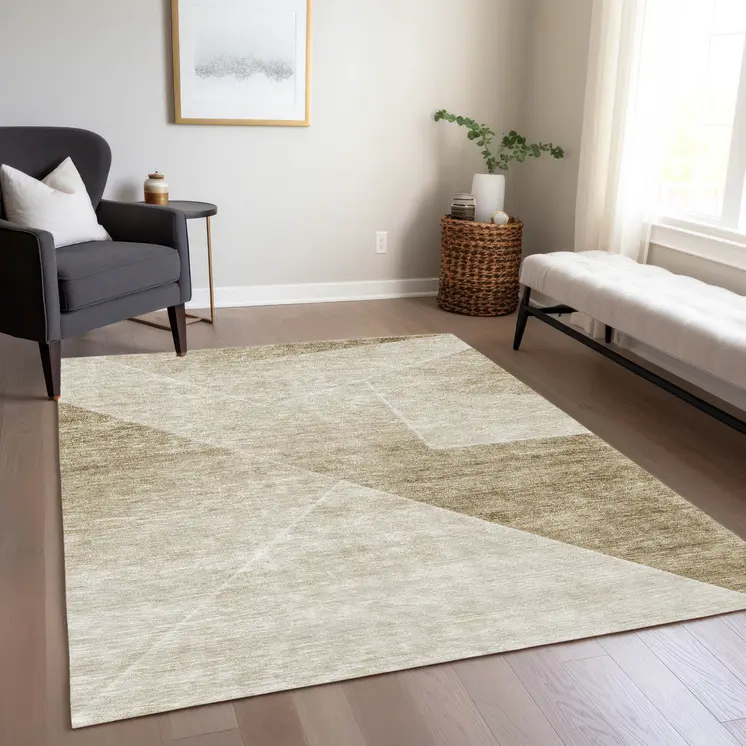 8' X 10' Beige Tan And Ivory Abstract Washable Indoor Outdoor Area Rug