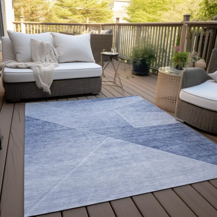 5' X 8' Navy Blue And Denim Blue Abstract Washable Indoor Outdoor Area Rug