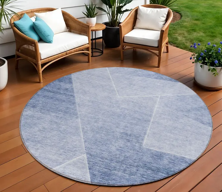 8' Navy Blue And Denim Blue Round Abstract Washable Indoor Outdoor Area Rug
