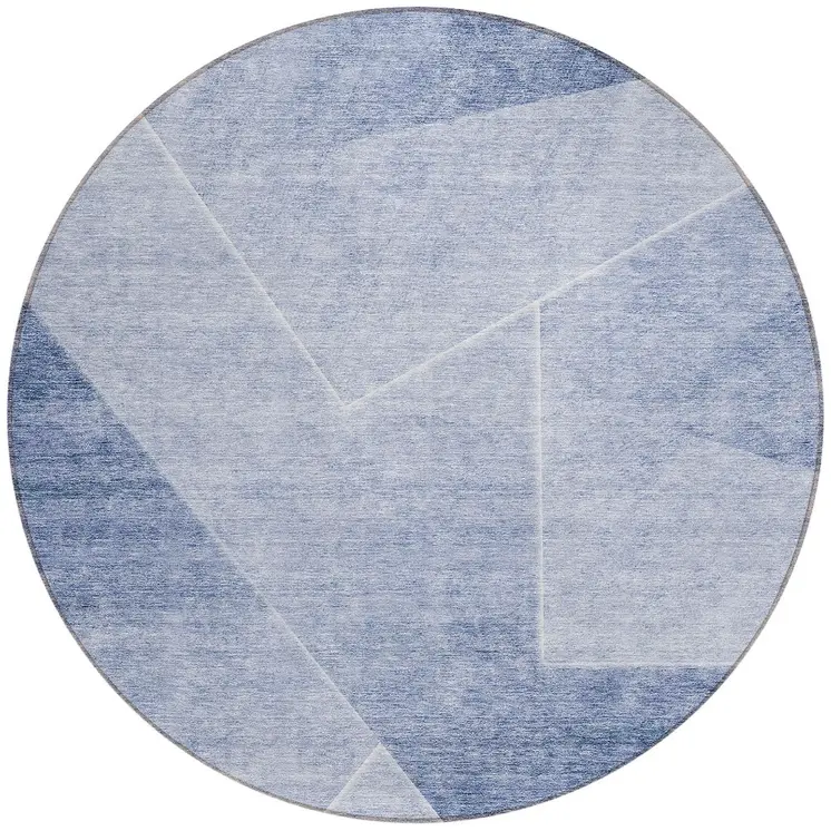 8' Navy Blue And Denim Blue Round Abstract Washable Indoor Outdoor Area Rug