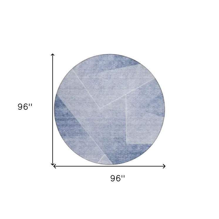 8' Navy Blue And Denim Blue Round Abstract Washable Indoor Outdoor Area Rug