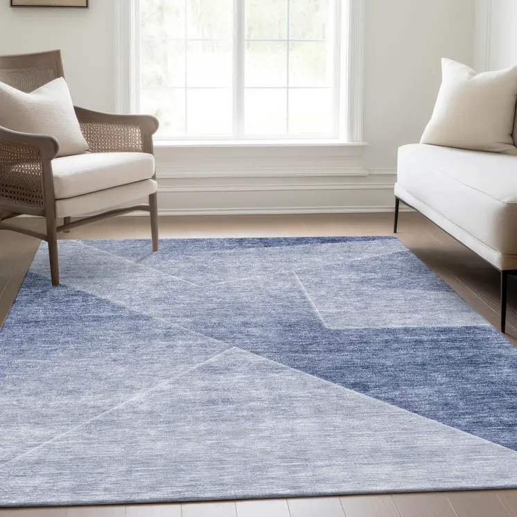 10' X 14' Navy Blue And Denim Blue Abstract Washable Indoor Outdoor Area Rug
