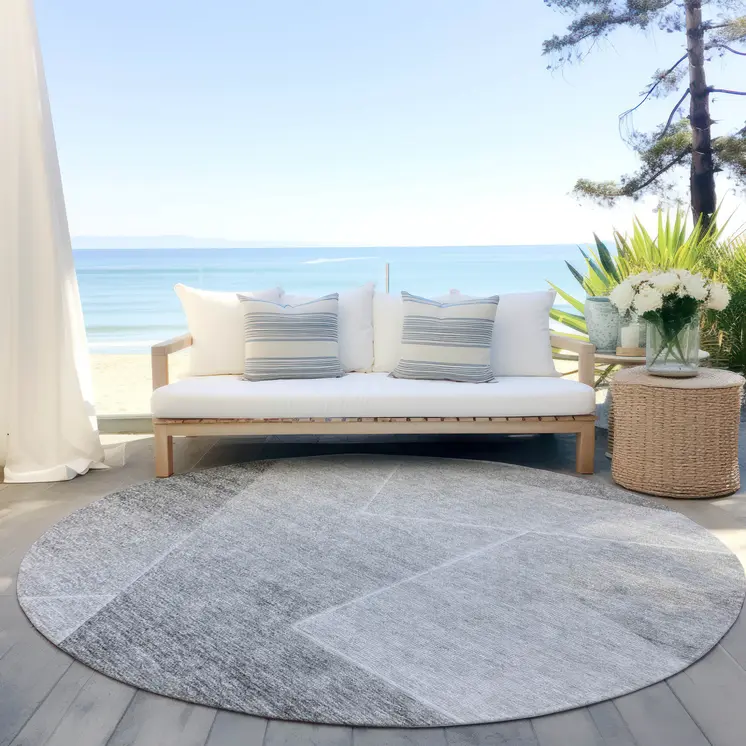 8' Gray Silver And Charcoal Round Abstract Washable Indoor Outdoor Area Rug