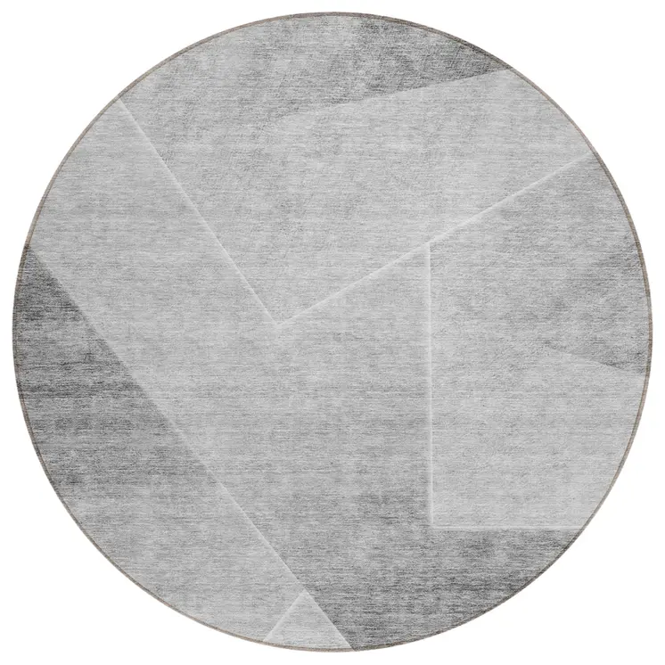 8' Gray Silver And Charcoal Round Abstract Washable Indoor Outdoor Area Rug