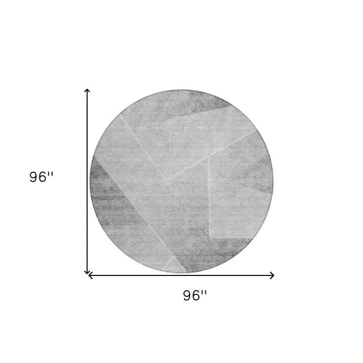 8' Gray Silver And Charcoal Round Abstract Washable Indoor Outdoor Area Rug
