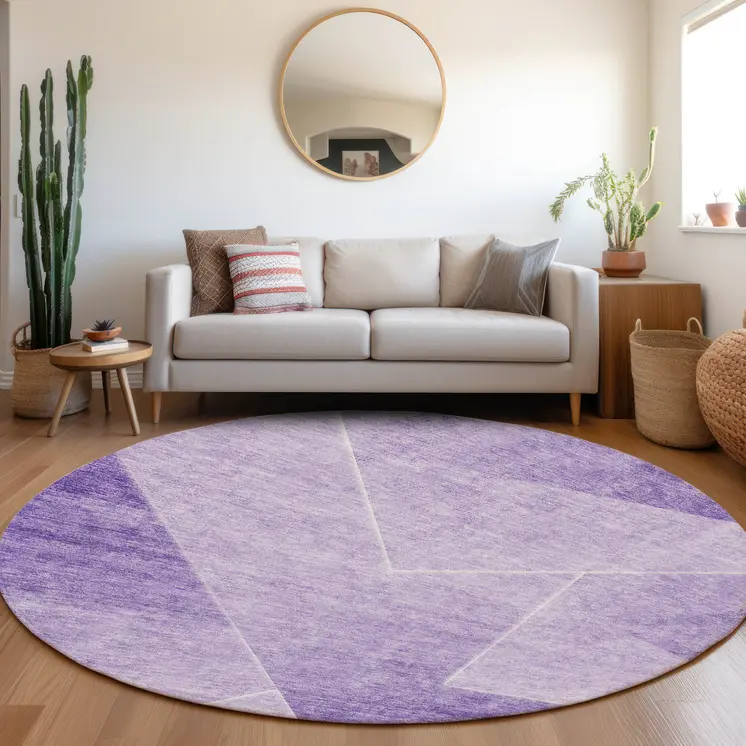 8' Purple And Ivory Round Abstract Washable Indoor Outdoor Area Rug