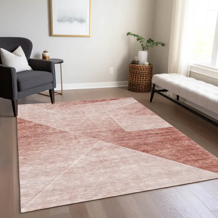 3' X 5' Salmon And Ivory Abstract Washable Indoor Outdoor Area Rug