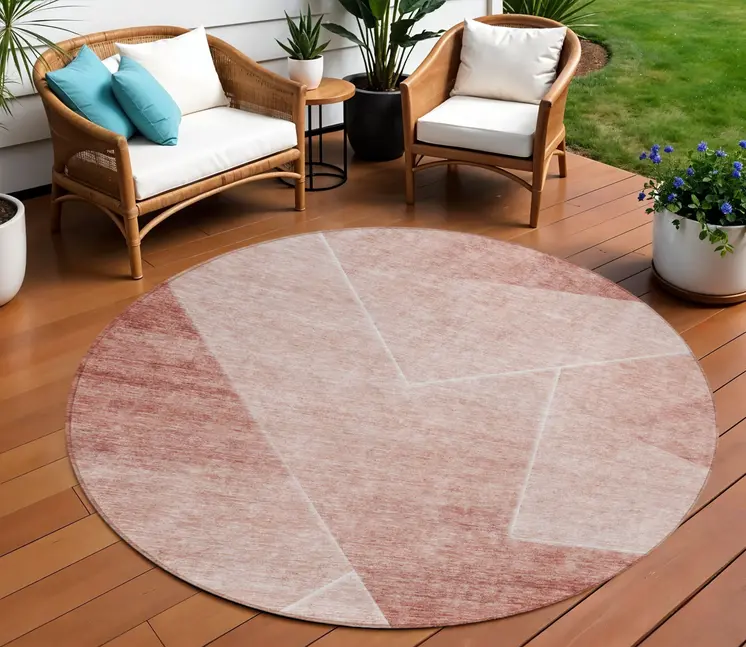 8' Salmon And Ivory Round Abstract Washable Indoor Outdoor Area Rug