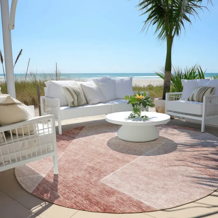 8' Salmon And Ivory Round Abstract Washable Indoor Outdoor Area Rug