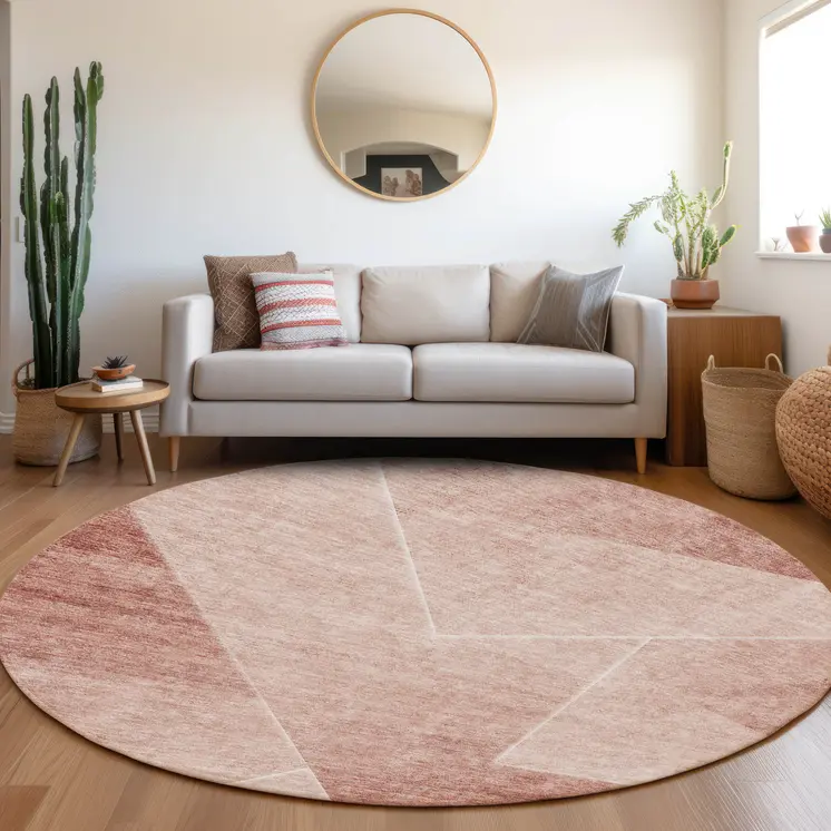 8' Salmon And Ivory Round Abstract Washable Indoor Outdoor Area Rug