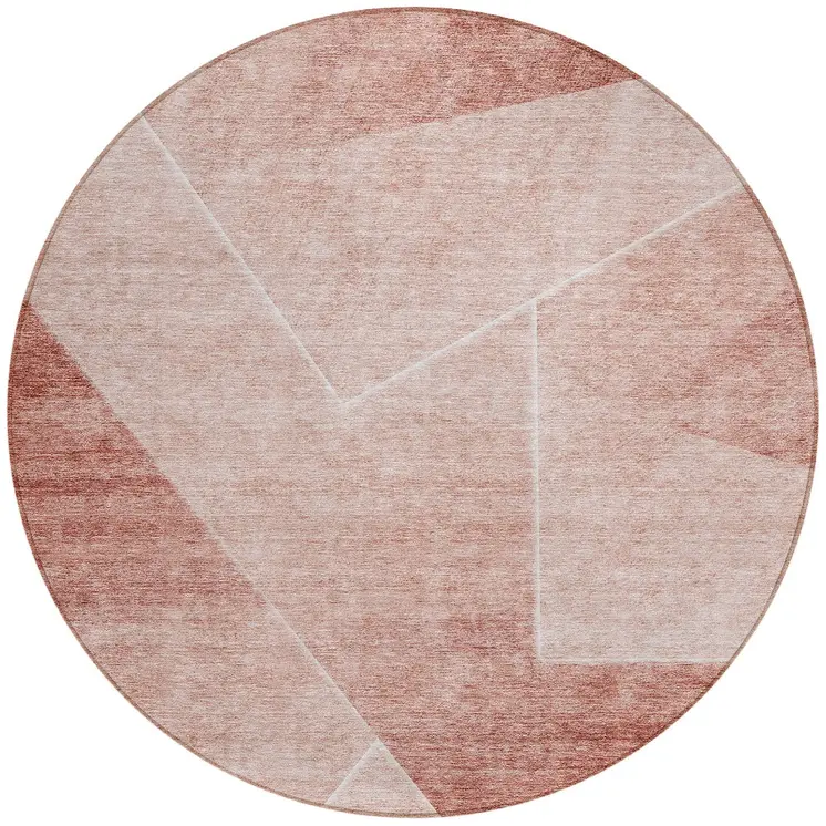 8' Salmon And Ivory Round Abstract Washable Indoor Outdoor Area Rug