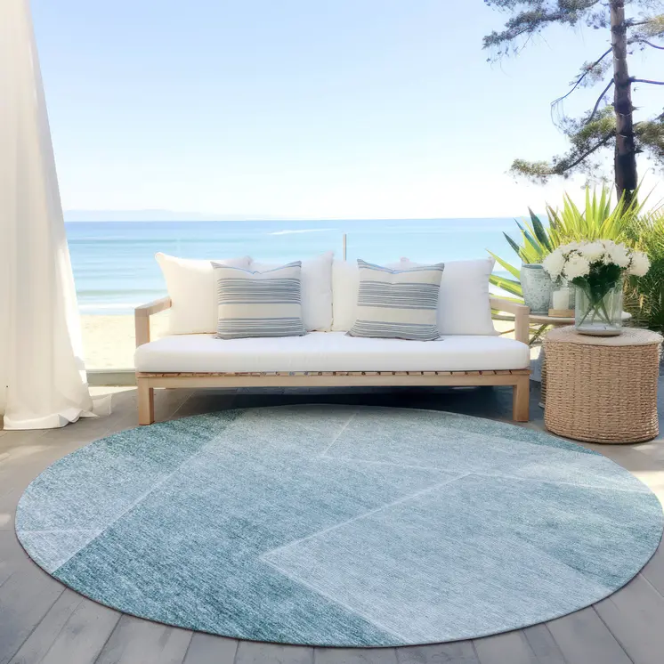 8' Teal Blue And Aqua Round Abstract Washable Indoor Outdoor Area Rug
