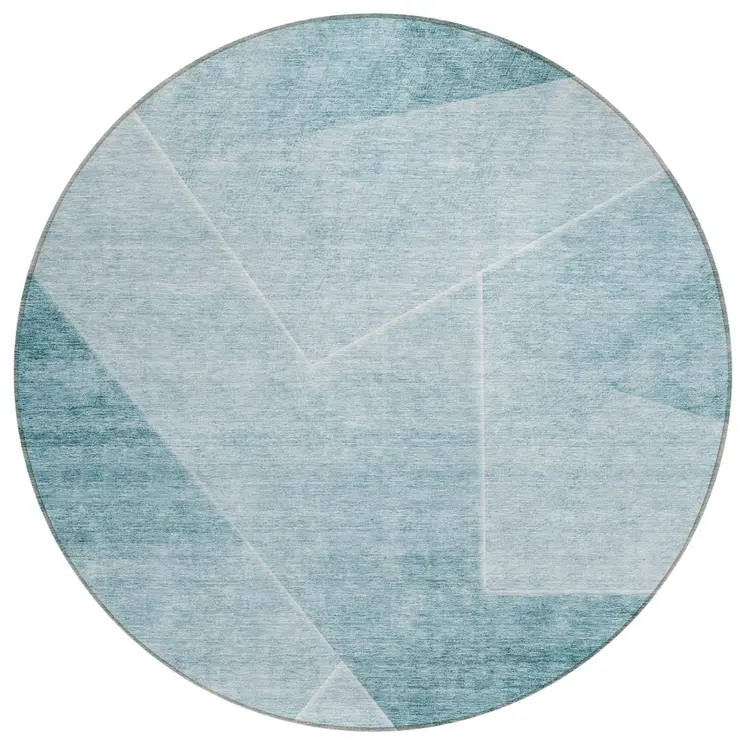8' Teal Blue And Aqua Round Abstract Washable Indoor Outdoor Area Rug