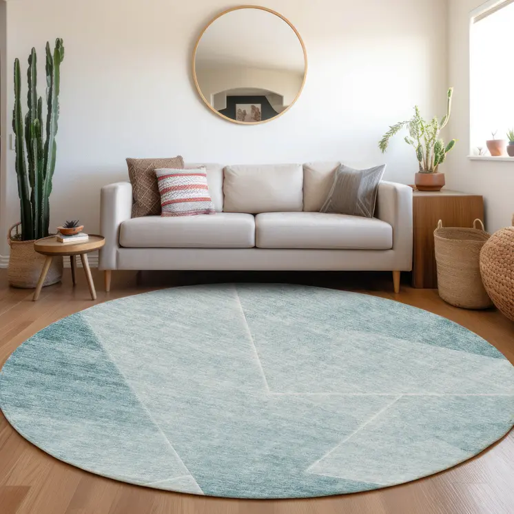 8' Teal Blue And Aqua Round Abstract Washable Indoor Outdoor Area Rug