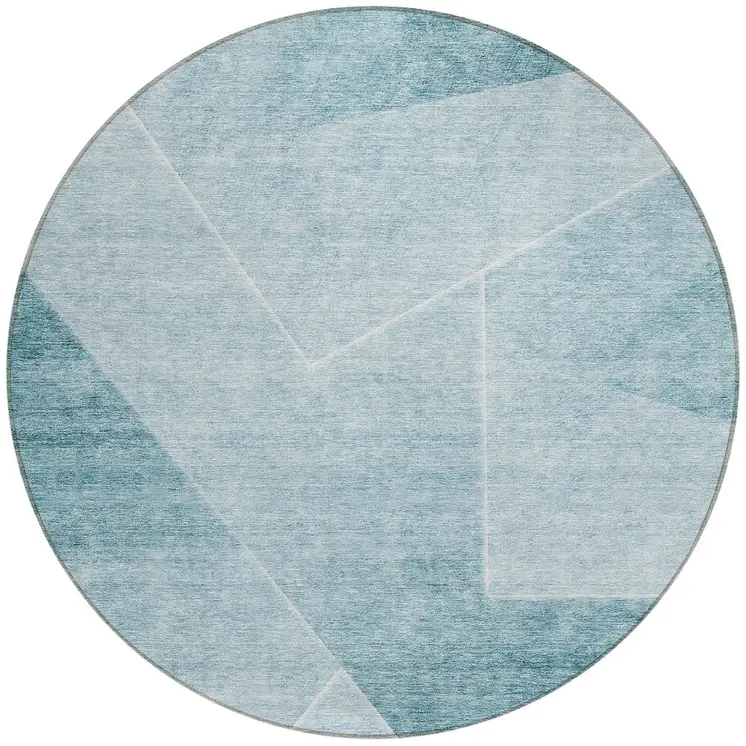 8' Teal Blue And Aqua Round Abstract Washable Indoor Outdoor Area Rug