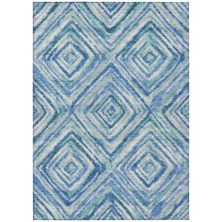3' X 5' Denim Blue And Green Geometric Washable Indoor Outdoor Area Rug