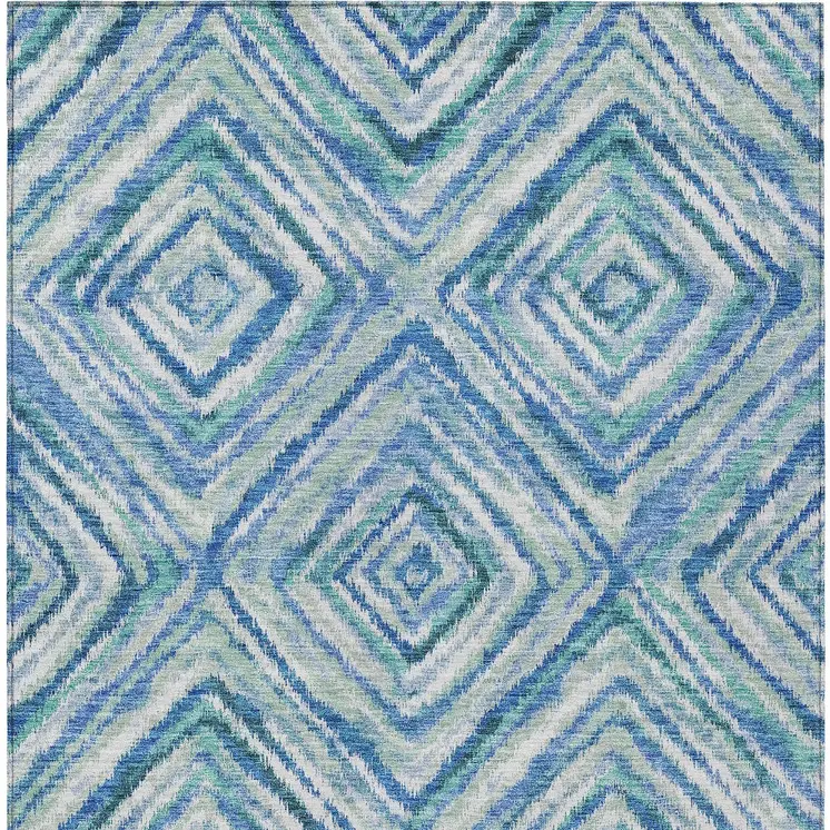 5' X 8' Denim Blue And Green Geometric Washable Indoor Outdoor Area Rug