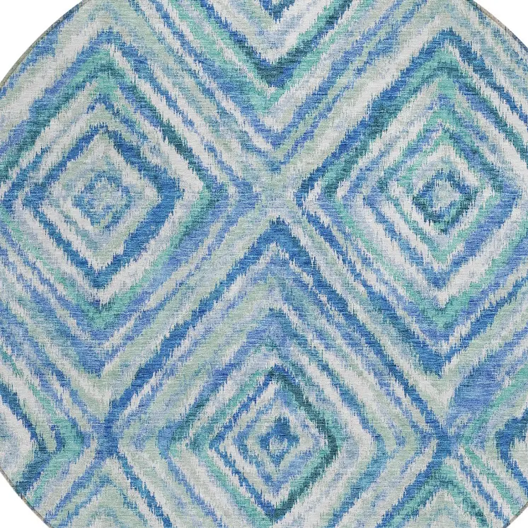 8' Denim Blue And Green Round Geometric Washable Indoor Outdoor Area Rug